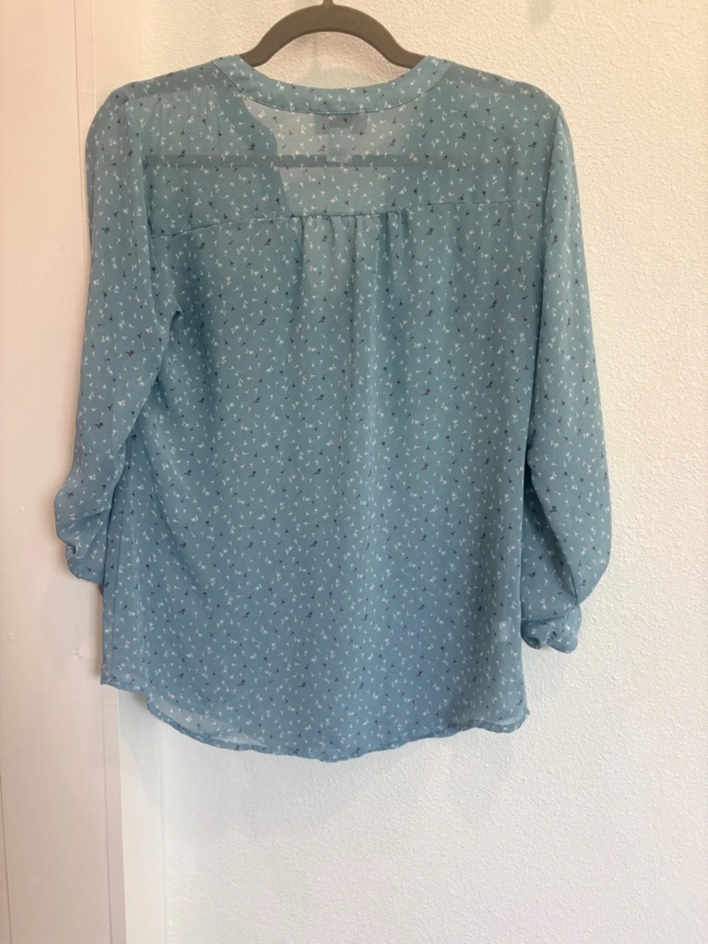 LOFT Dusty Blue Printed V-Neck Button-Front Blouse - Picture 7 of 7